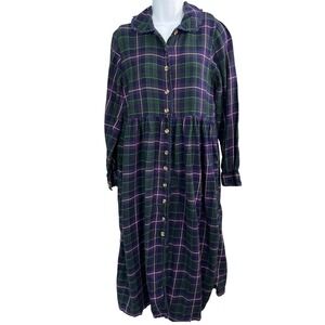 VTG Bryn Connelly Plaid Flannel Dress Sz S‎ Modest Green Blue Cottagecore Pocket